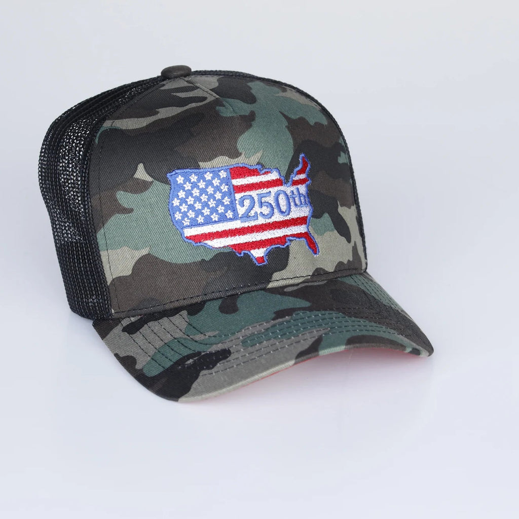 Camouflage trucker hat with American flag design on a white background