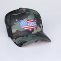 Camouflage trucker hat with American flag design on a white background