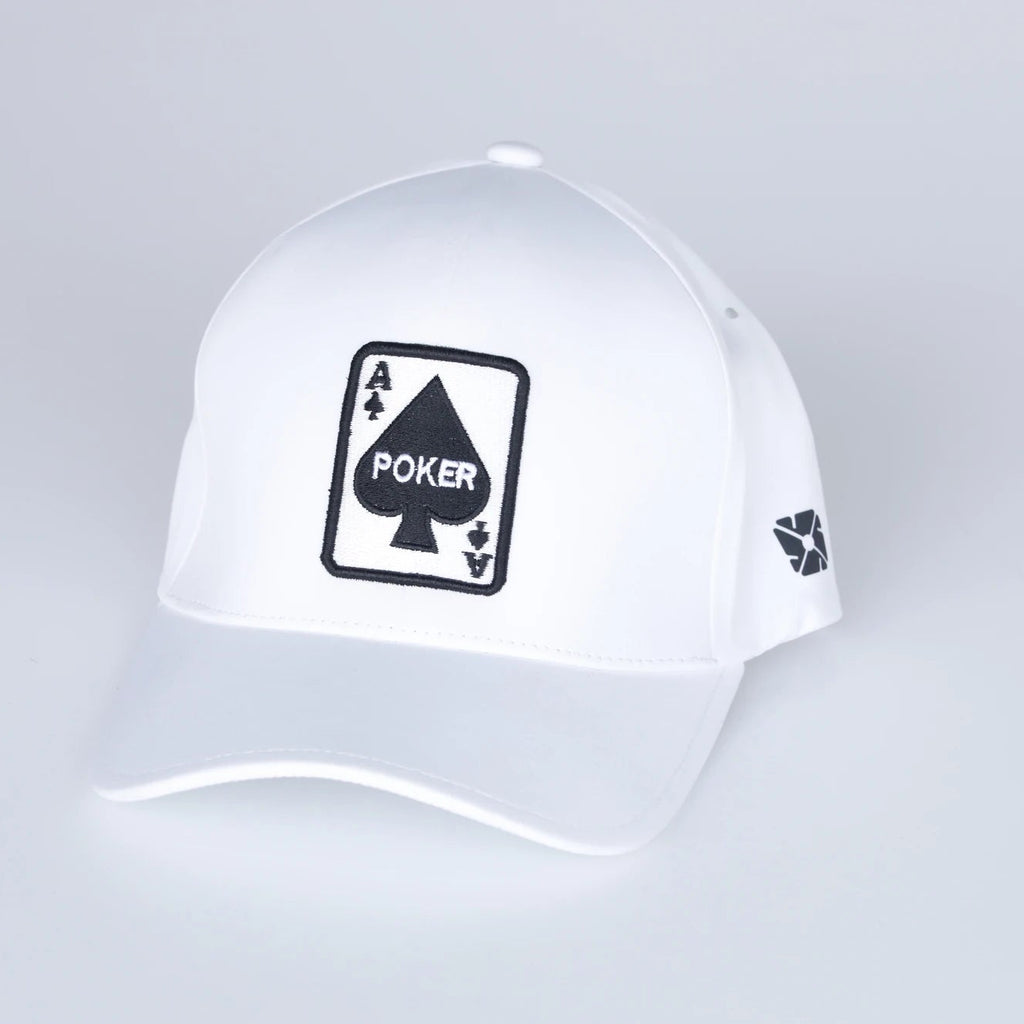White cap with a black poker-themed logo on a light gray background