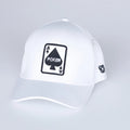 White cap with a black poker-themed logo on a light gray background