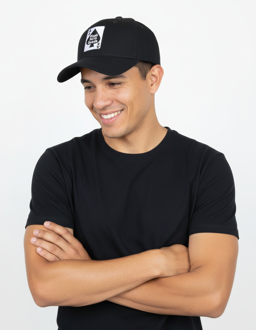 Man wearing a black cap with a logo on a white background