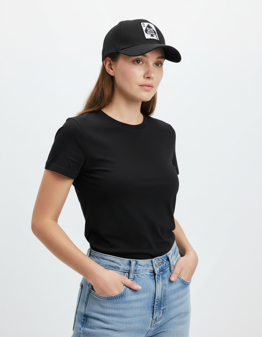 Person wearing a black t-shirt and cap on a plain background