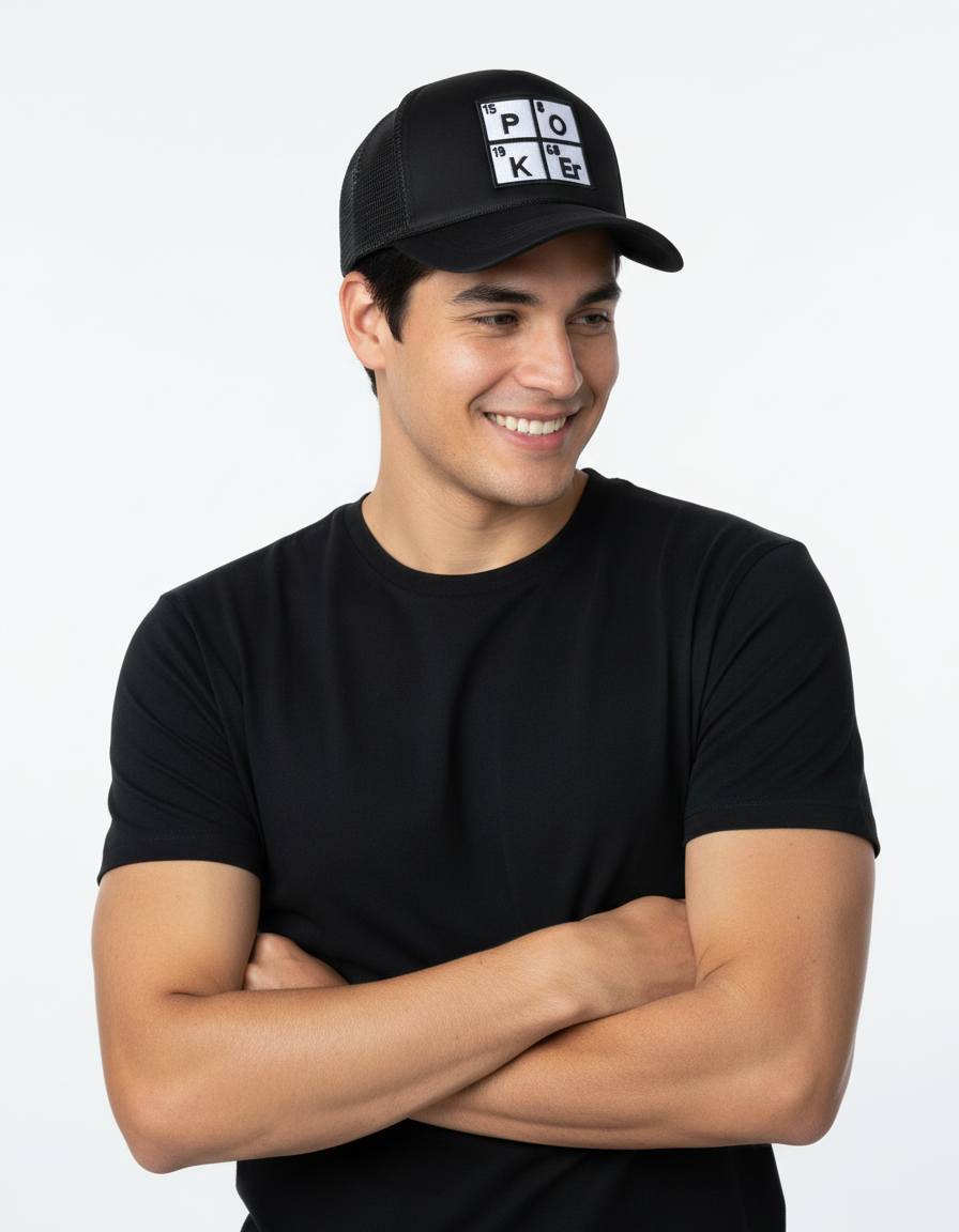 Man wearing a black cap with a logo and a black t-shirt on a white background