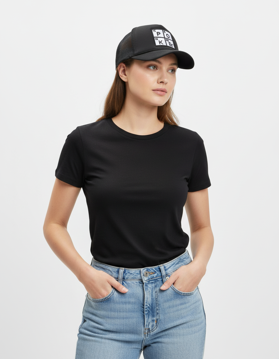 Woman wearing a black t-shirt, black cap, and blue jeans on a light gray background