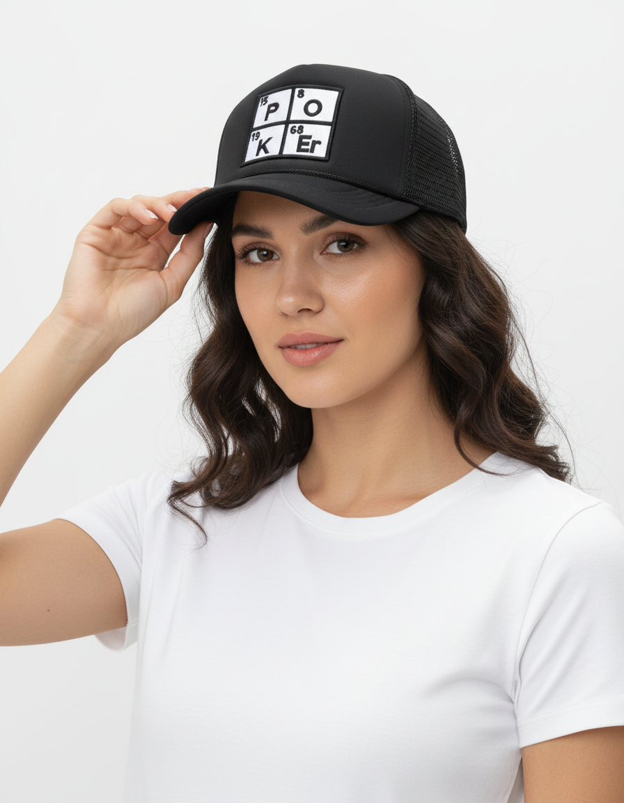 Woman wearing a black cap with a poker design on a white background