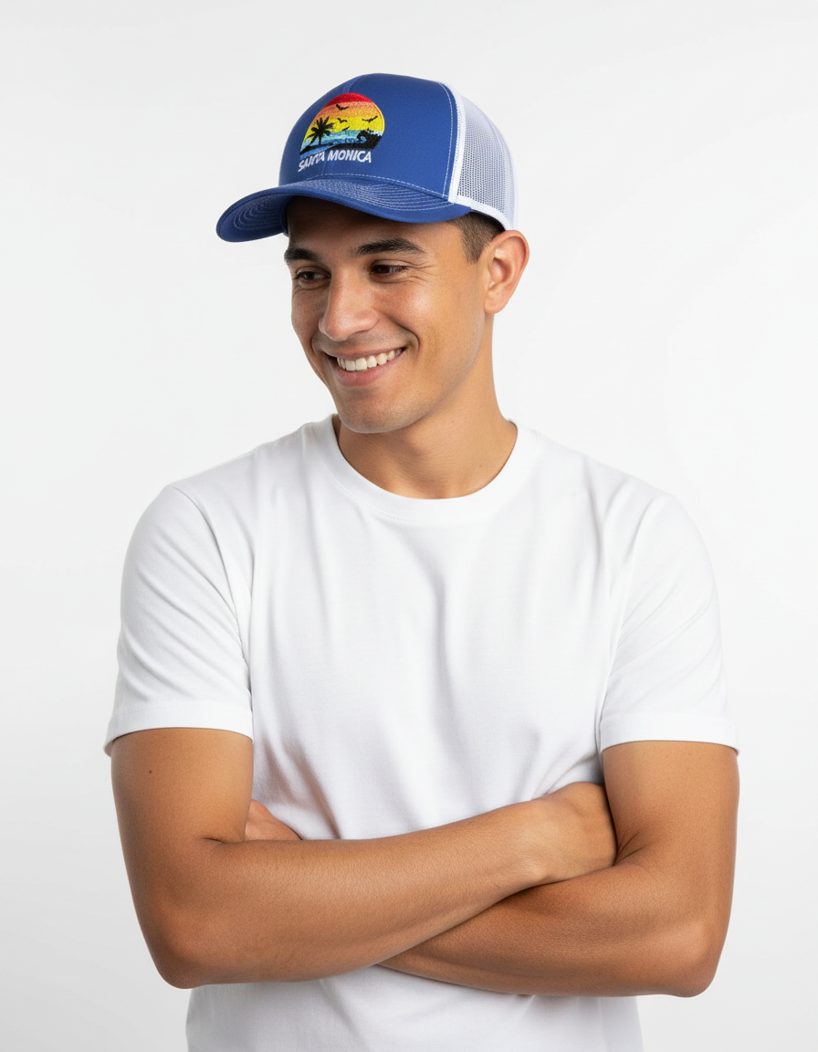 Man wearing a blue cap with a logo on a white background
