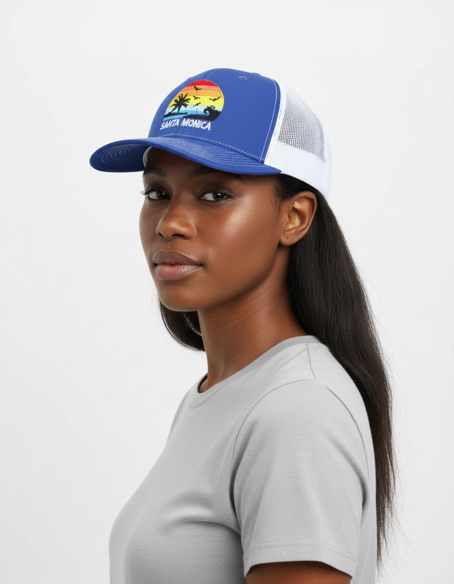 Woman wearing a blue and white cap with a logo on a white background