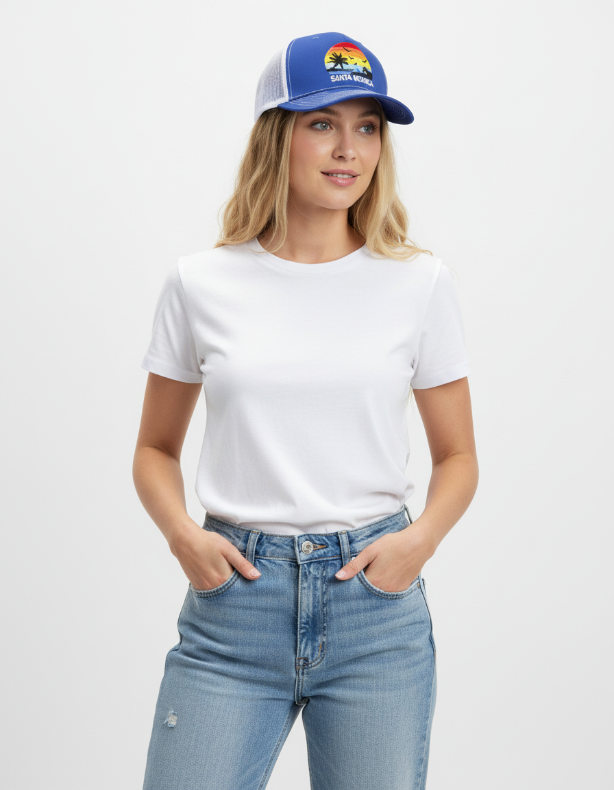 Woman wearing a blue cap with a colorful logo, white t-shirt, and blue jeans on a light gray background