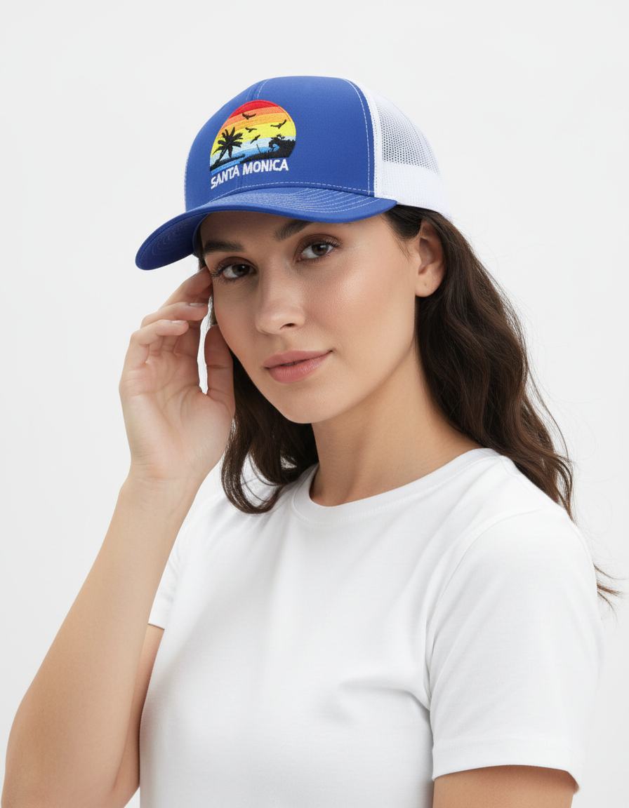 Woman wearing a blue cap with a logo on a white background
