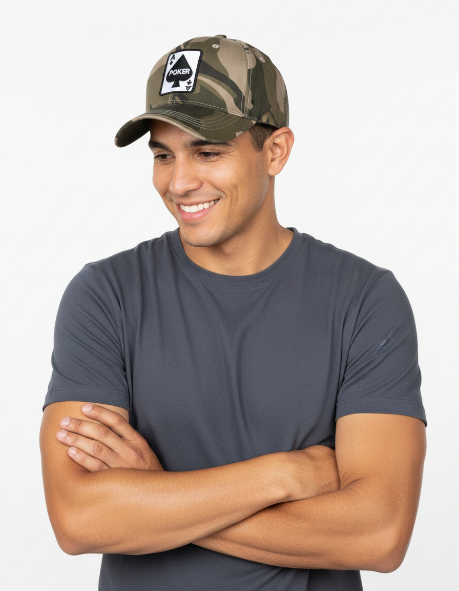 Man wearing a camouflage cap with a logo and a gray t-shirt on a white background