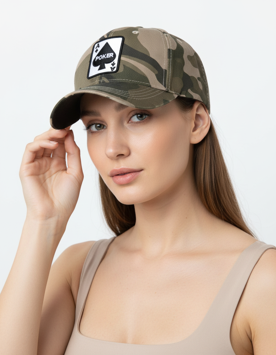 Woman wearing a camouflage cap with a logo on a light gray background