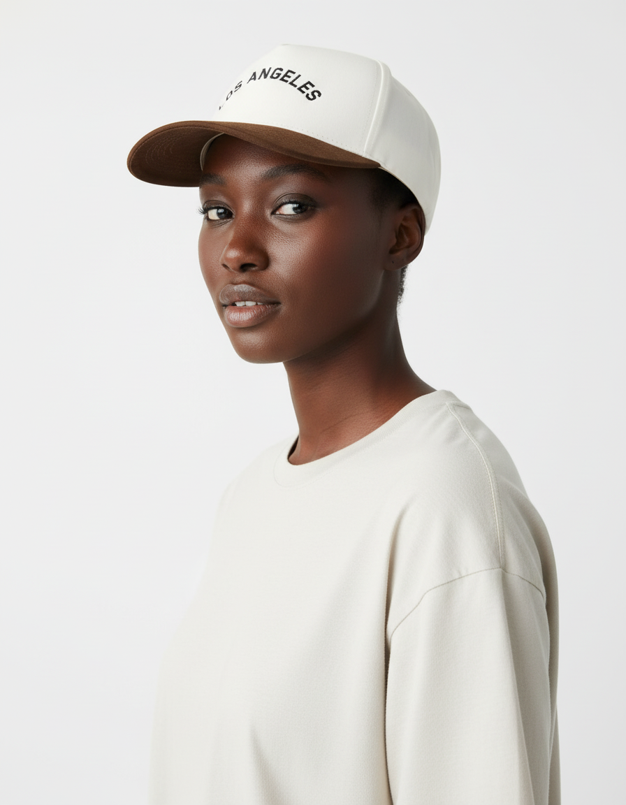 Person wearing a white cap and beige sweatshirt on a plain background