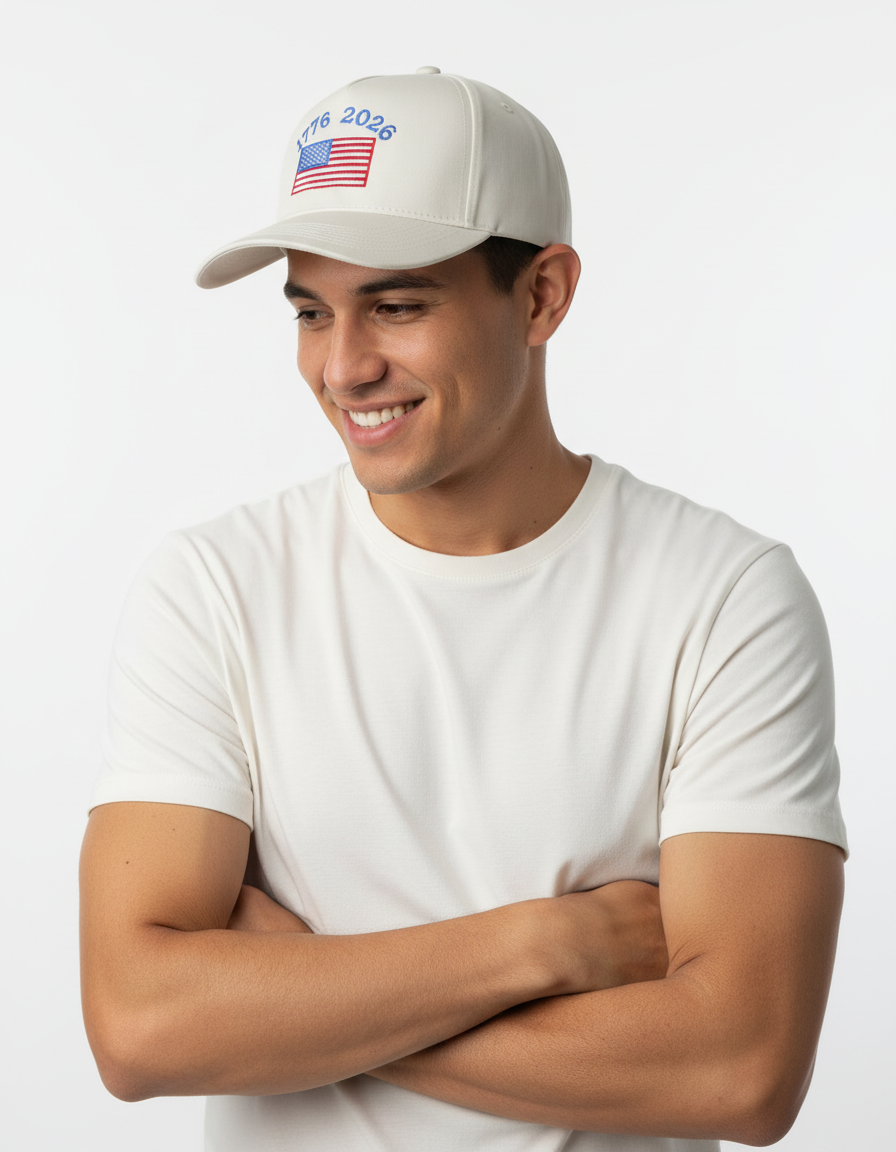 Man wearing a white cap with a design and a white t-shirt on a light gray background