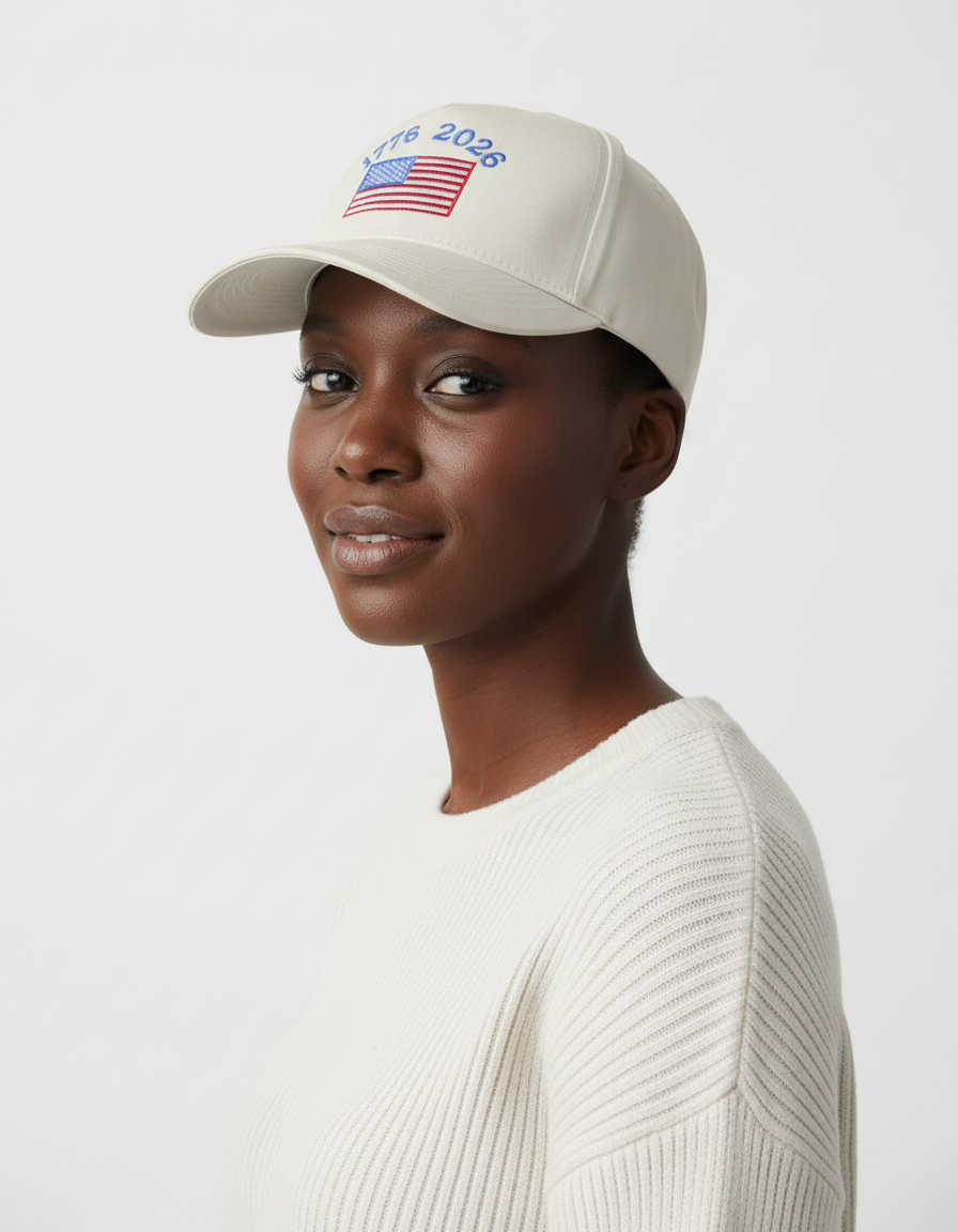 Person wearing a beige cap with an American flag design on a white background