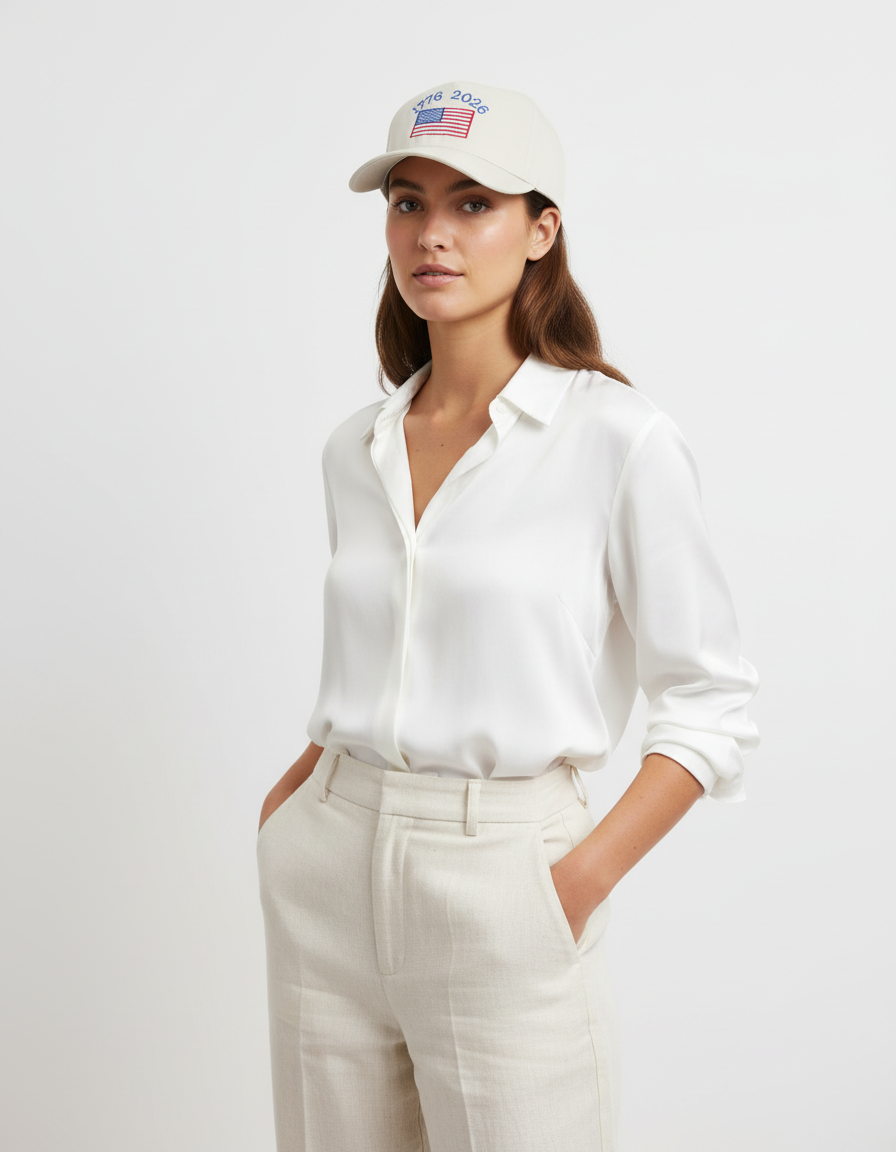 Woman wearing a white shirt and pants with a cap on a white background
