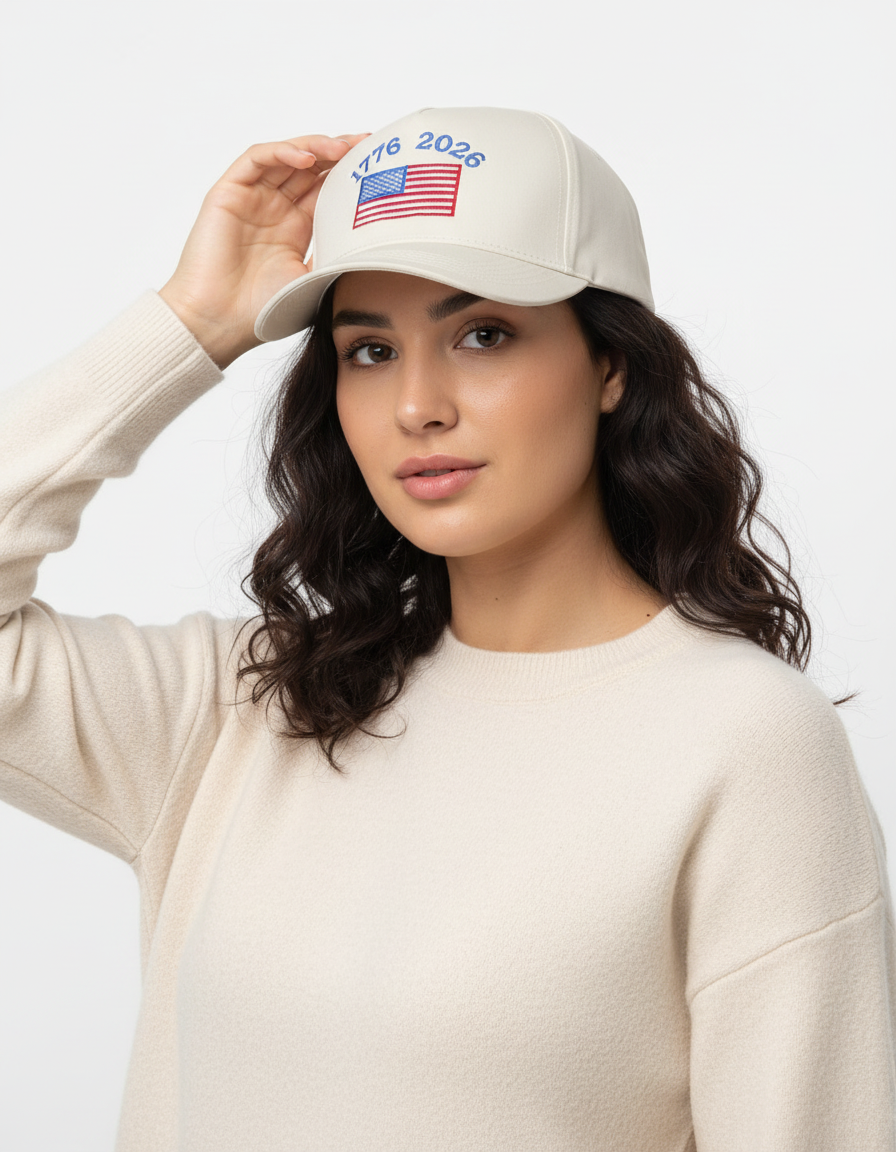 Woman wearing a beige cap with text and an American flag on a white background