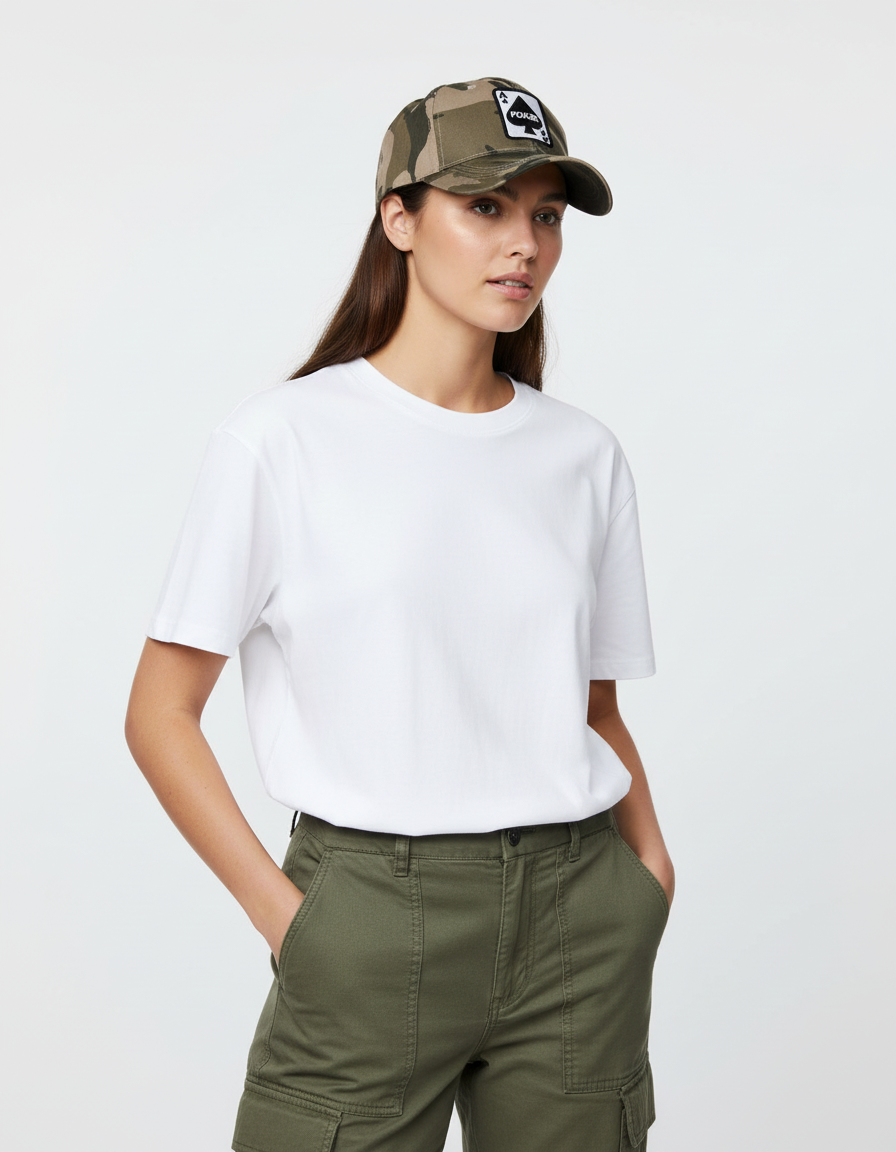 Person wearing a white t-shirt, green cap, and green pants on a white background