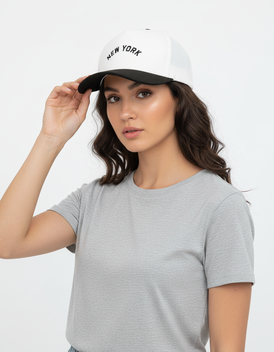 Woman wearing a gray t-shirt and a cap with 'New York' text on a white background