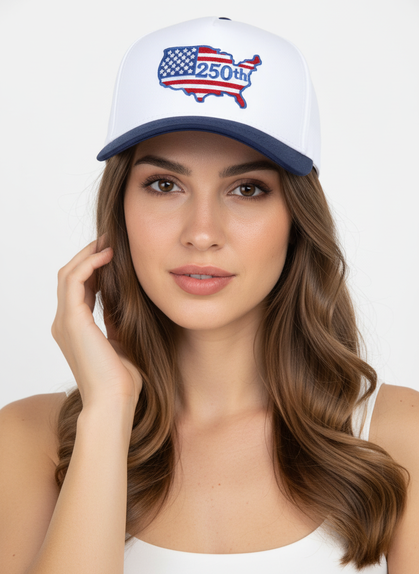 Woman wearing a white cap with an American flag design on a white background