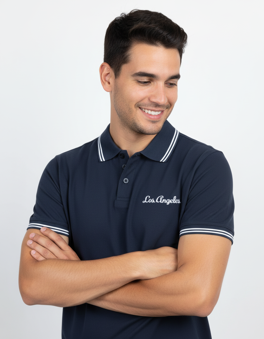 Man wearing a navy blue polo shirt with 'Los Angeles' logo on a white background