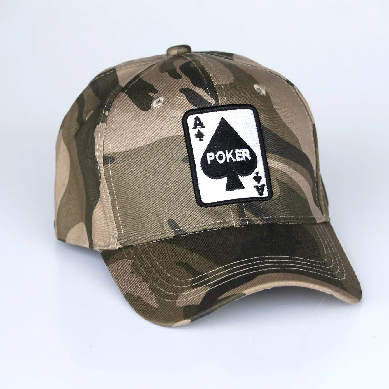Camouflage baseball cap with a poker ace symbol on a white background