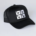 Black trucker cap with a poker-themed design on a white background
