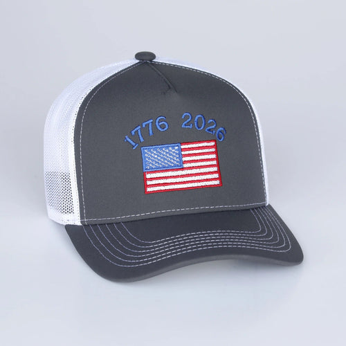 Gray and white cap with American flag and text on a light gray background